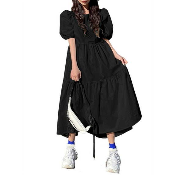 VONDA Women's O-Neck Puff Short Sleeve Loose Casual Plain Cotton Pleated Dress