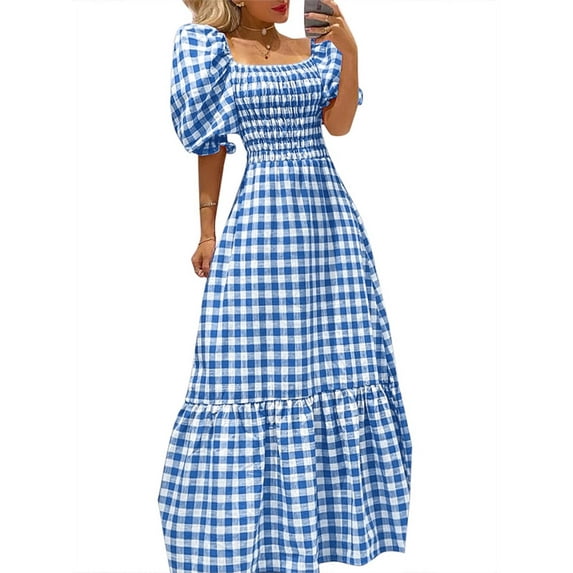 VONDA Women's Short Sleeve Square Collar Evening Tunic Vintage Plaid Cocktail Dress