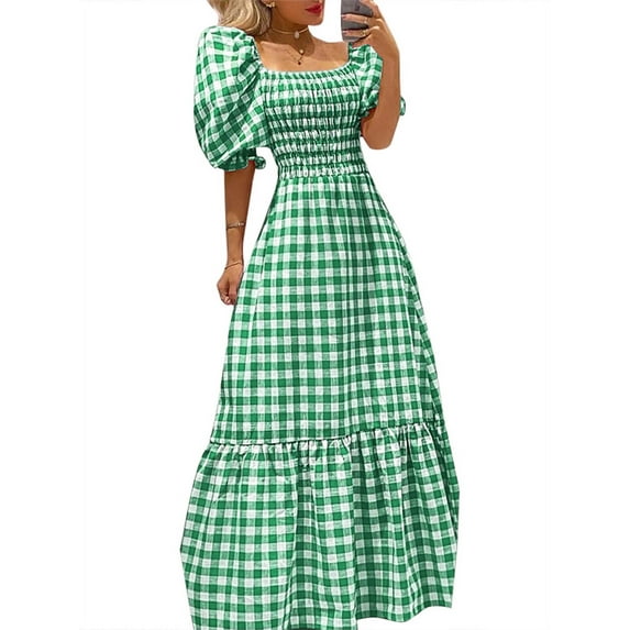 VONDA Women's Short Sleeve Square Collar Evening Tunic Vintage Plaid Cocktail Dress