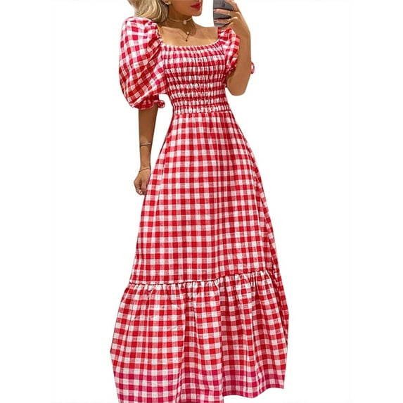 VONDA Women's Short Sleeve Square Collar Evening Tunic Vintage Plaid Cocktail Dress