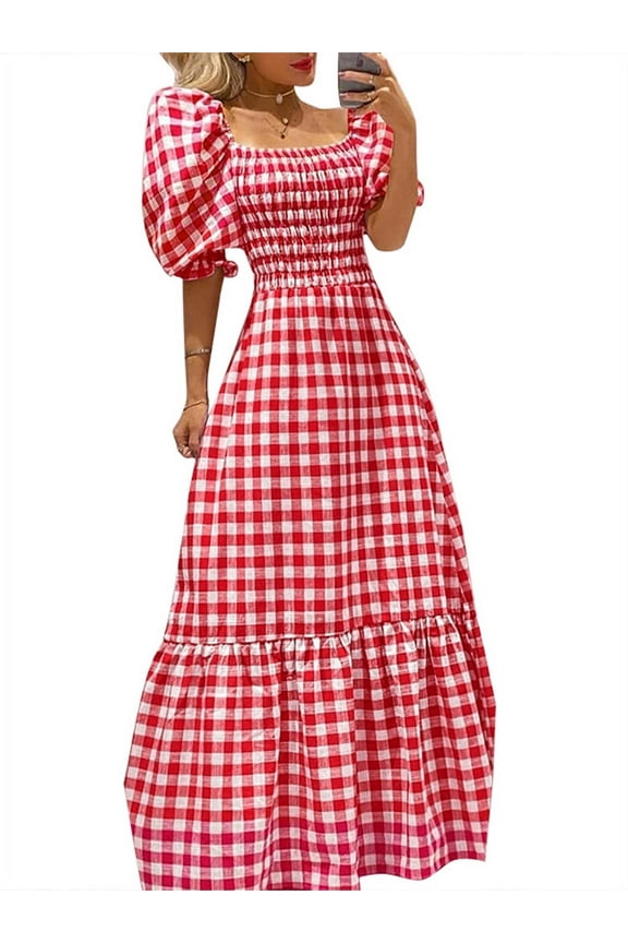 Women's Short Sleeve Square Collar Evening Tunic Vintage Plaid Cocktail Dress