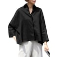 thumbnail image 1 of VONDA Women's Turn-down Collar Solid Color Casual Button Up Shirts Irregular Hem Blouse Tops, 1 of 5