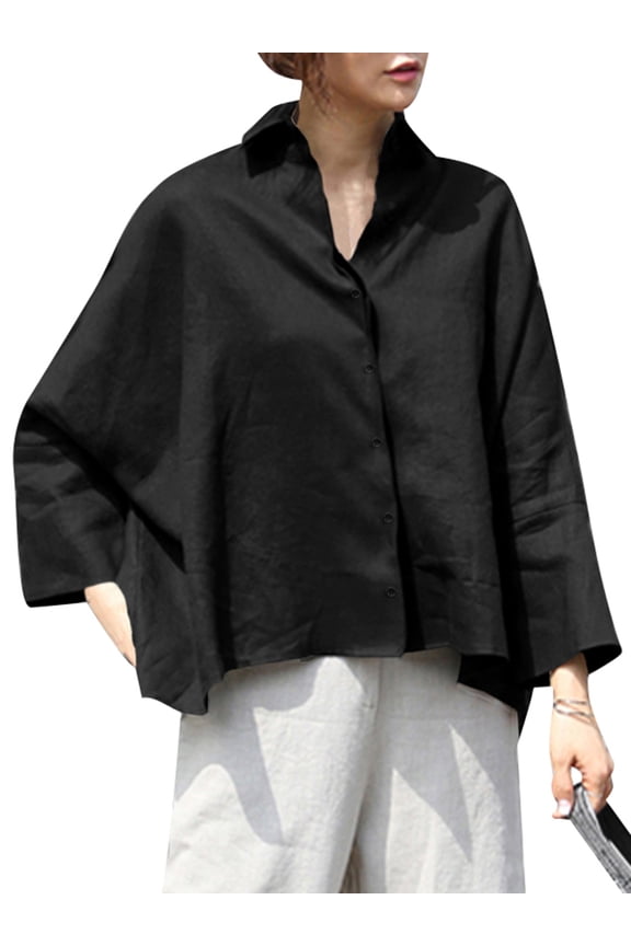 Women's Turn-down Collar Solid Color Casual Button Up Shirts Irregular Hem Blouse Tops