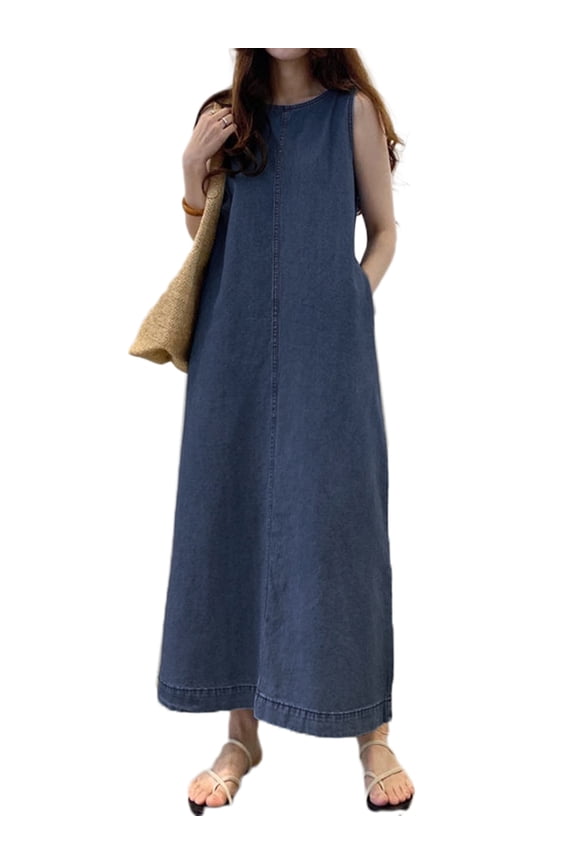 Womens Cowboy Dresses Fashion Summer Loose Long Maxi Pleated Dress