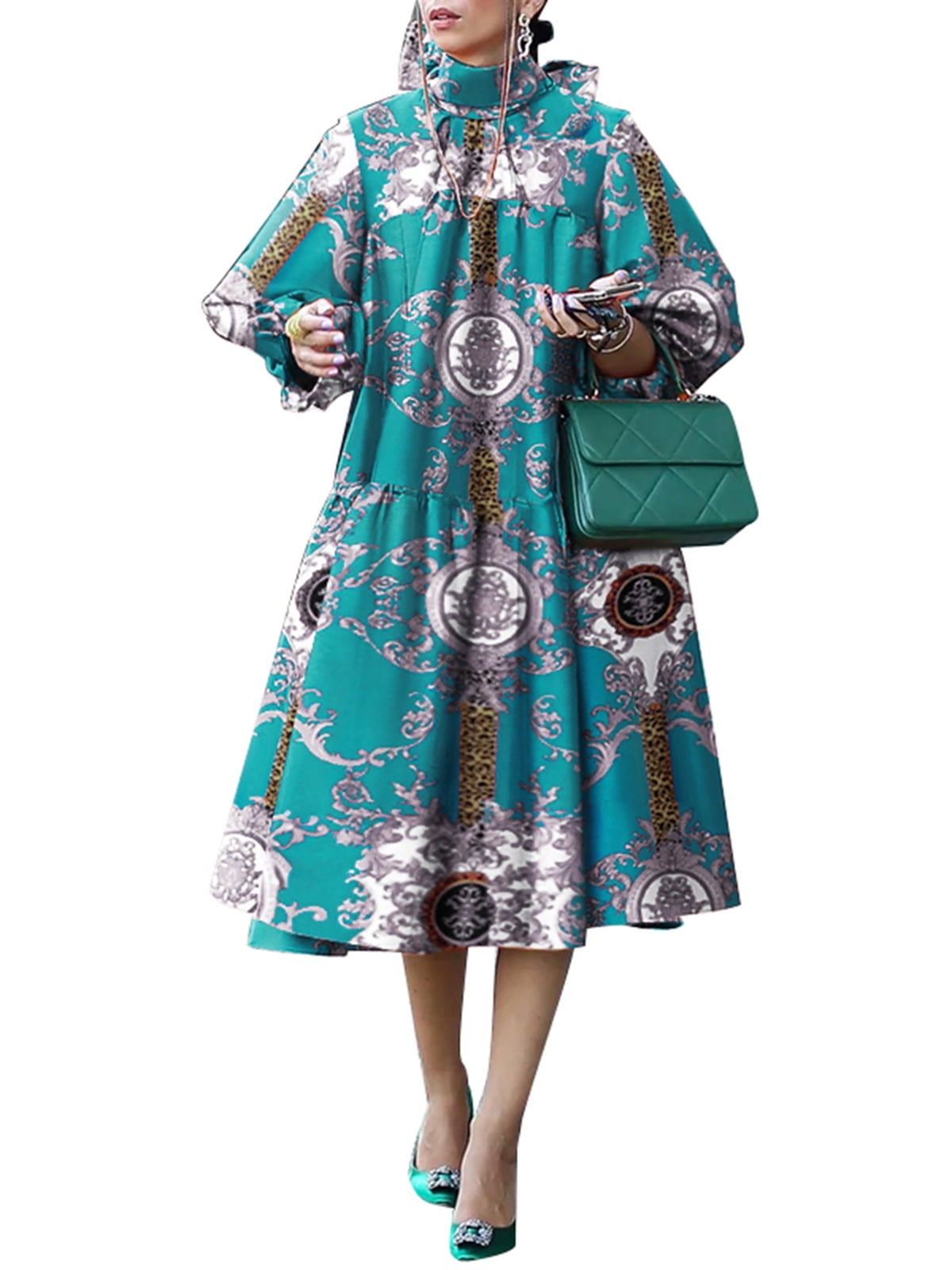 VONDA Womens Floral Printed Long Dress Puff 3/4 Sleeve Party Casual