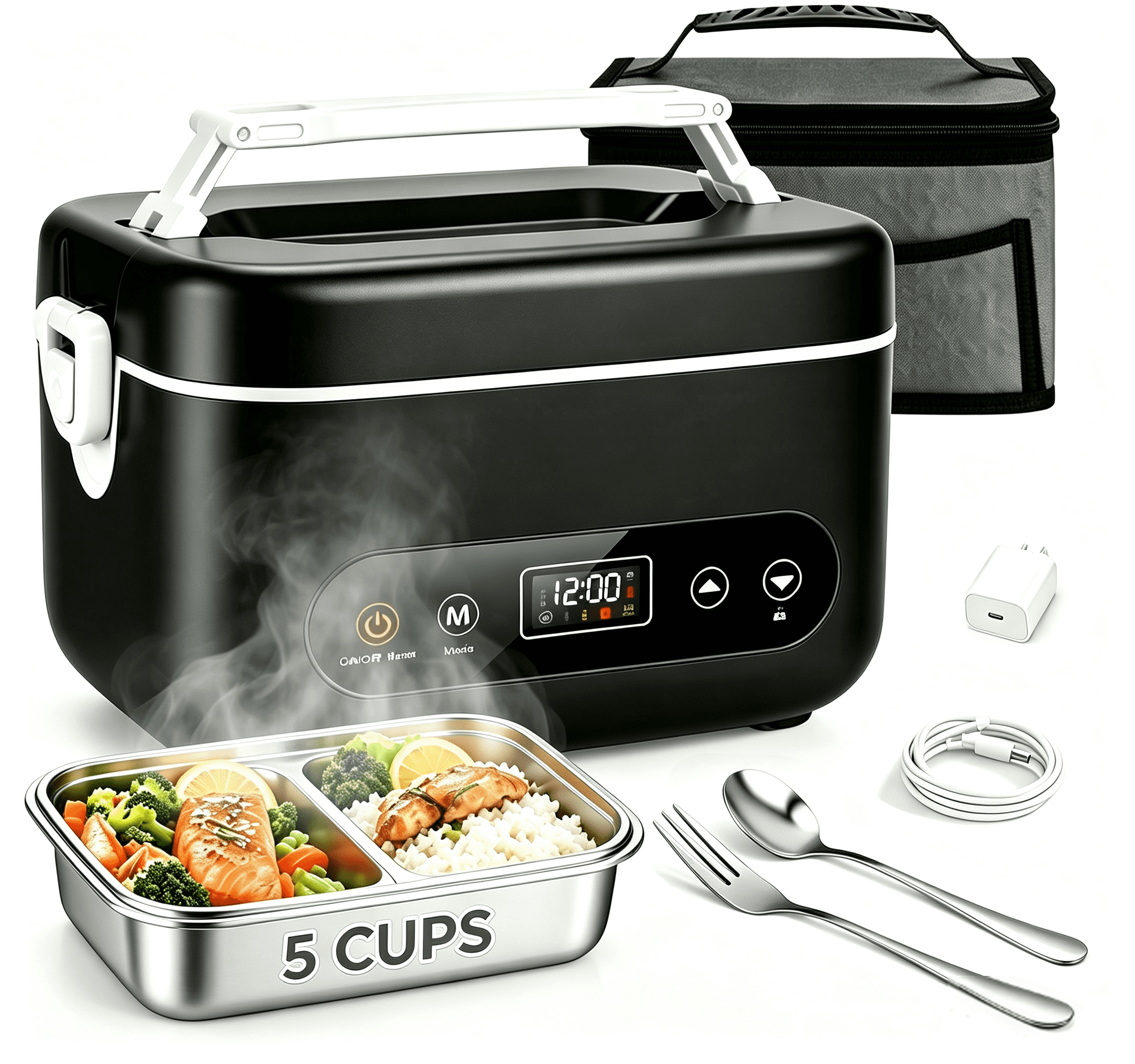 VONGEM Cordless Heated Lunch Box, 1.2L Portable Food Warmer with 24000mAh Battery, 5-Sided Heating & 12H Timer, Leak-Proof Electric Lunch Container for Office, Travel, Camping