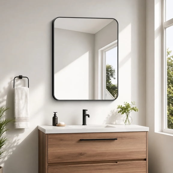 VONIGEE 30"x36" Bathroom Wall Mirror Rounded Corners with Black Aluminum Frame Vanity Mirror
