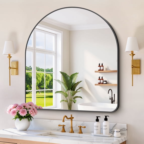 VONIGEE 36x40 Inch Black Arched Bathroom Mirror, Wall Mounted Modern Mirror with Aluminum Alloy Metal Frame, Large Vanity Dresser Mirror for Bedroom, Living Room, Entryway
