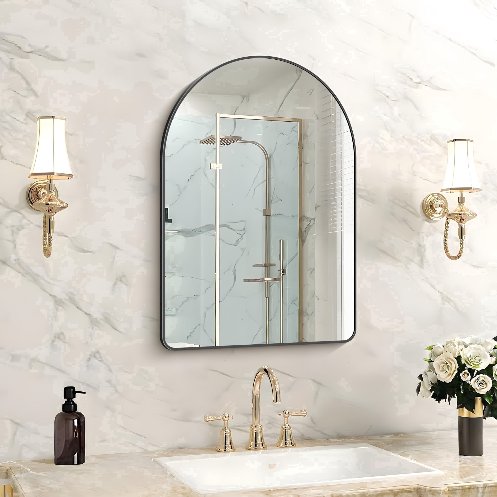 Black rounded-corner arched bathroom mirror in a refined vanity setting