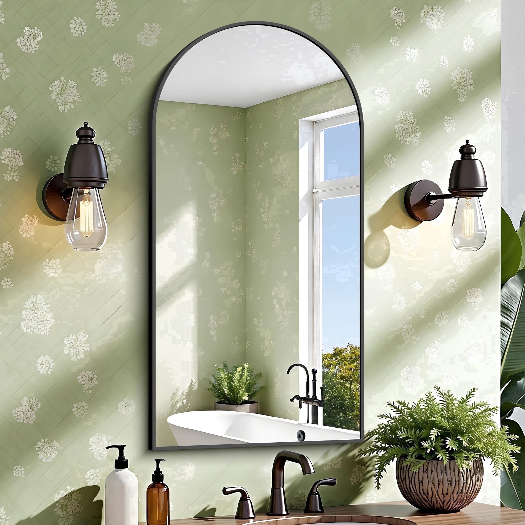 Black straight-corner arched bathroom mirror in a bright interior