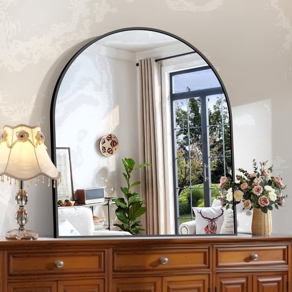 VONIGEE Arched Bathroom Mirror 36"x40"Black Aluminum Alloy Framed Shatterproof HD Tempered Glass