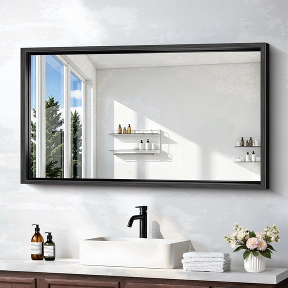 VONIGEE Bathroom Mirror 24"x42" Rectangle Brushed Black Thickened Deep Frame Shatterproof Tempered Glass Anti Rust Wall Mount