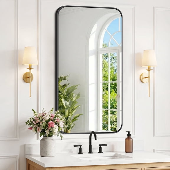 VONIGEE Black Bathroom Mirror 24x48 Inch, Rectangle Wall Mounted Vanity Mirror with Aluminum Frame Rounded Corner, Shatterproof Glass for Bedroom, Living Room, Entryway, Hangs Horizontal