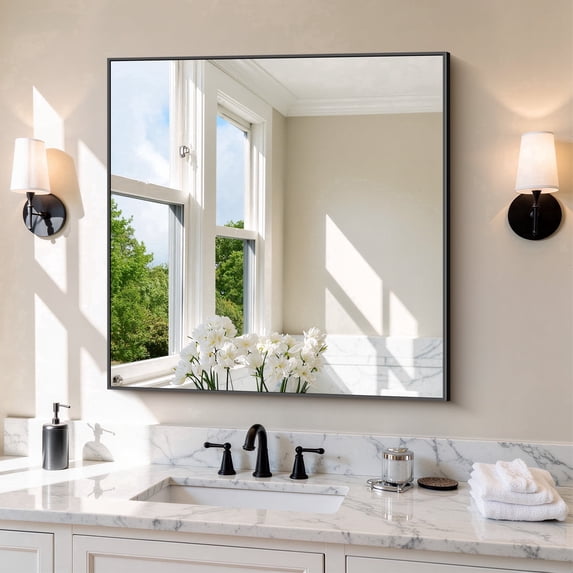 VONIGEE Black Bathroom Mirror 30"x30" Shatterproof Rectangle Square Corner Wall Mirror