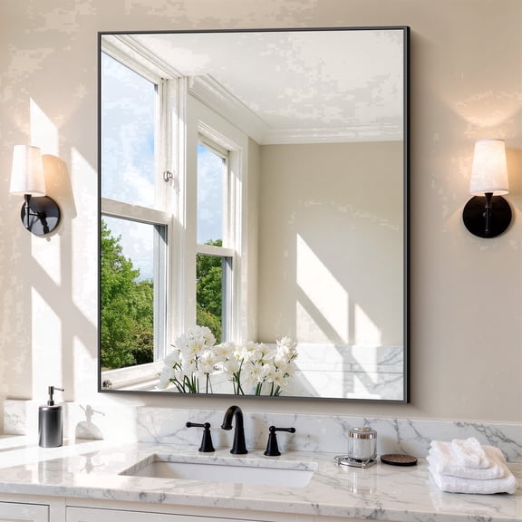 VONIGEE Bathroom Mirror Shatterproof Rectangle Square Corner Wall Mounted 30" x 36" Black