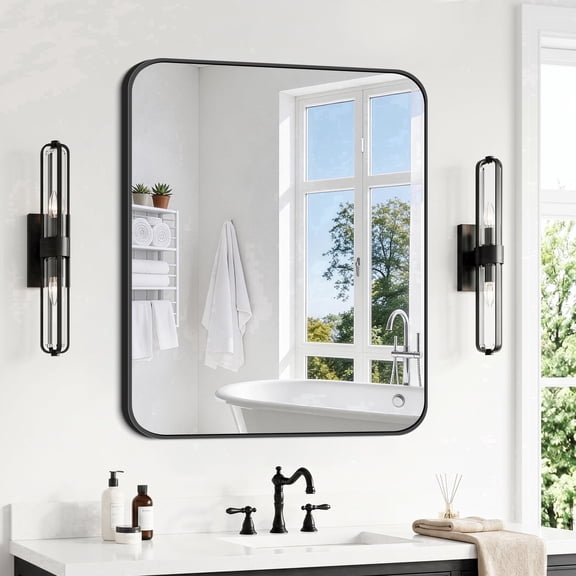 VONIGEE 30"x36" Bathroom Wall Mirror Rounded Corners with Black Aluminum Frame Vanity Mirror