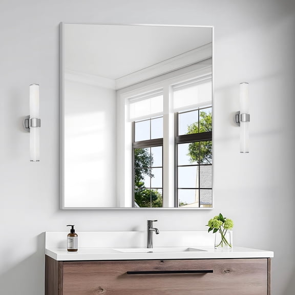 VONIGEE Silver Bathroom Mirror 30"x36" Shatterproof Rectangle Square Corner Wall Mirror