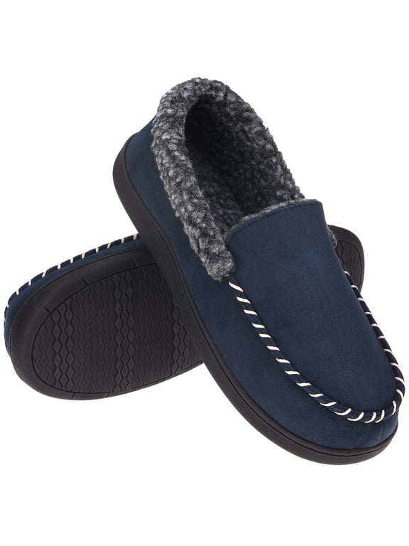 Men's Moccasin Slippers Fuzzy House Shoes with Whipstitch Indoor Outdoor