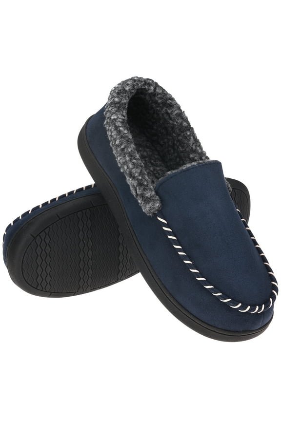 Men's Moccasin Slippers Fuzzy House Shoes with Whipstitch Indoor Outdoor