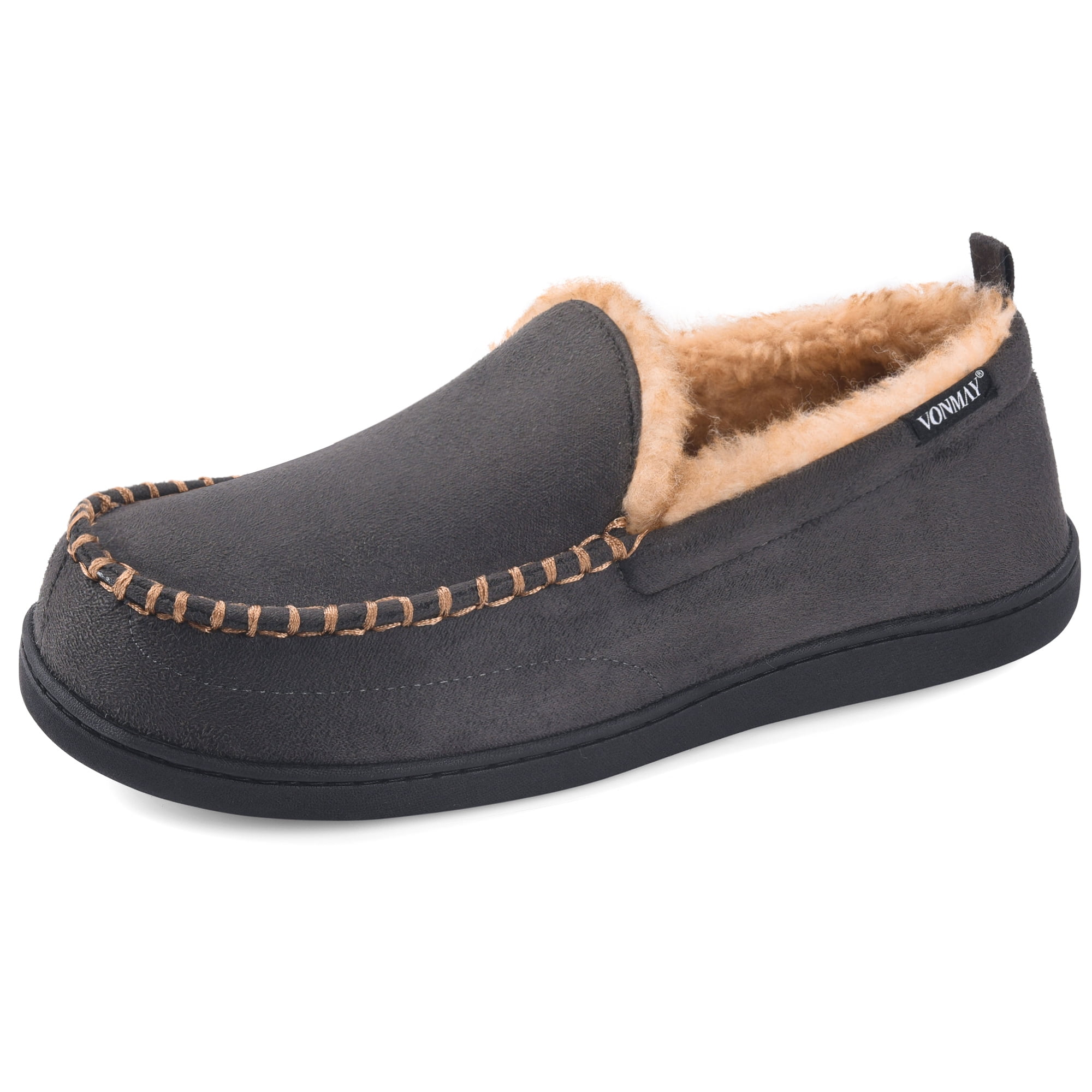 Men's Slip On Moccasin Slippers, Indoor/Outdoor Warm Fuzzy Comfy House Shoes Fluffy Wide Loafer Slippers