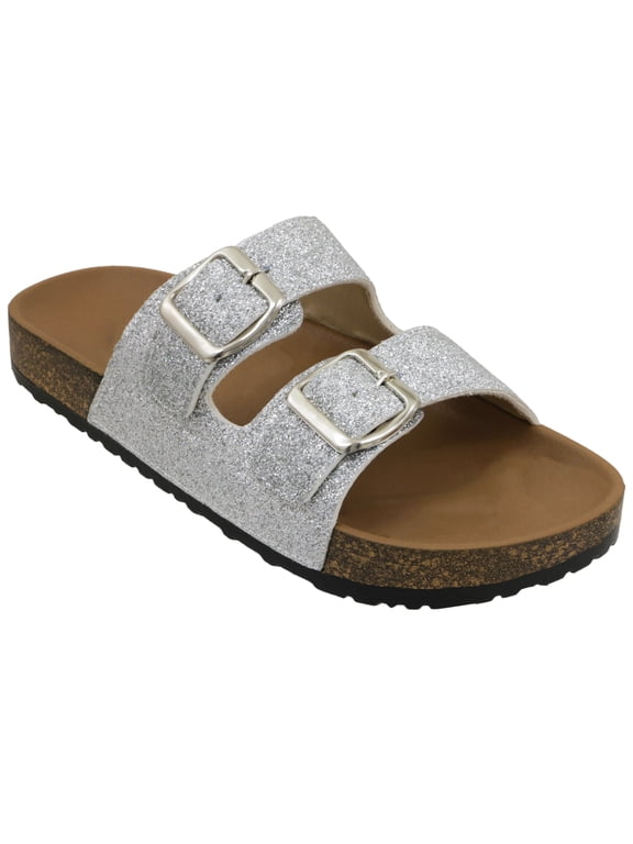 Women's Flat Cork Slide Sandals On Casual Fashion Open Toe Slippers, Silver, Size 6