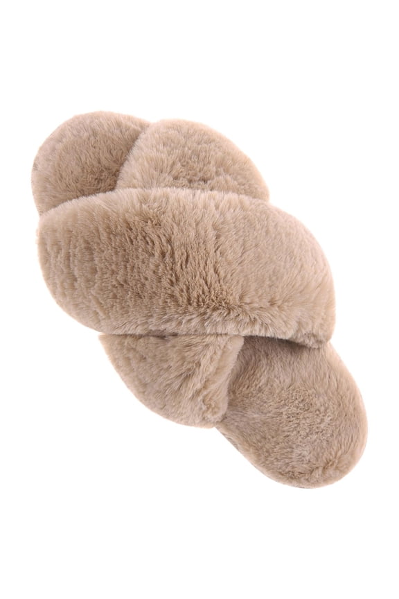Women's Slippers Plush Cross Band Open Toe Slides Fuzzy SPA House Slippers