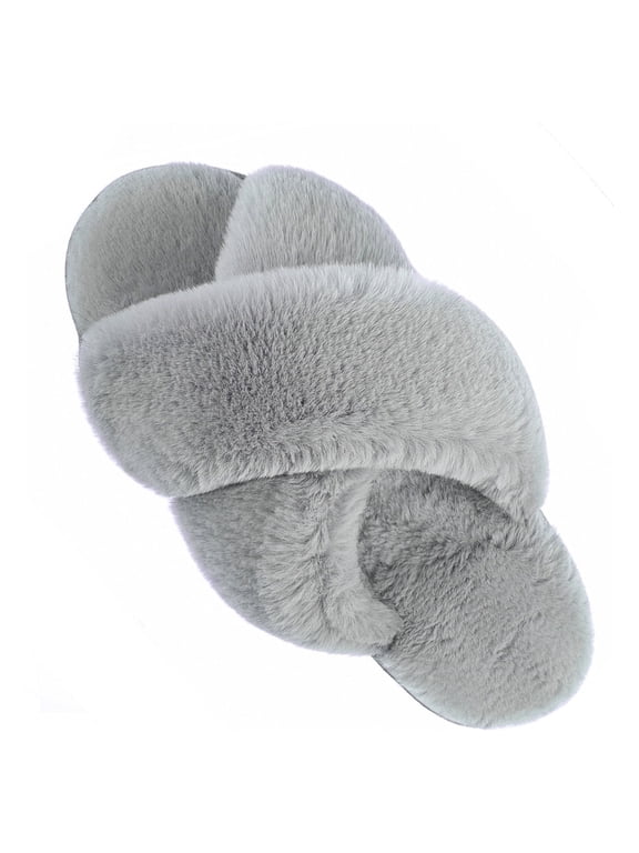 Women's Slippers Plush Cross Band Open Toe Slides Fuzzy SPA House Slippers