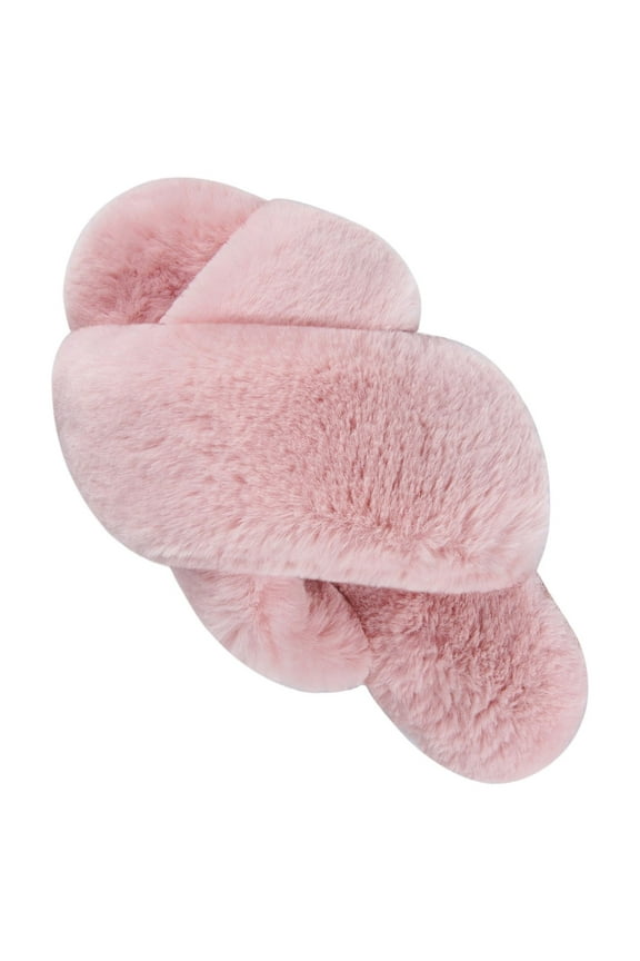 Women's Slippers Plush Cross Band Open Toe Slides Fuzzy SPA House Slippers