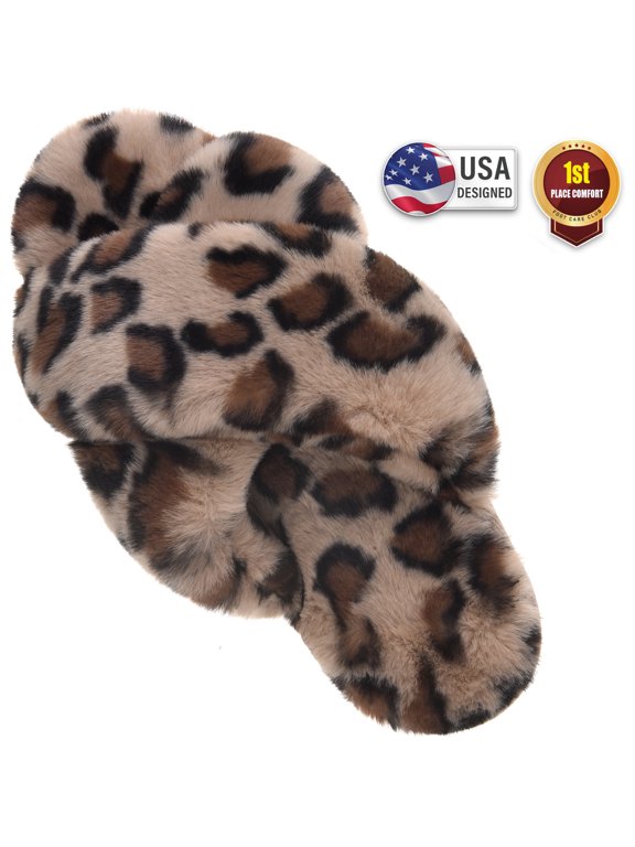 Women's Slippers Plush Cross Band Open Toe Slides Fuzzy SPA House Slippers