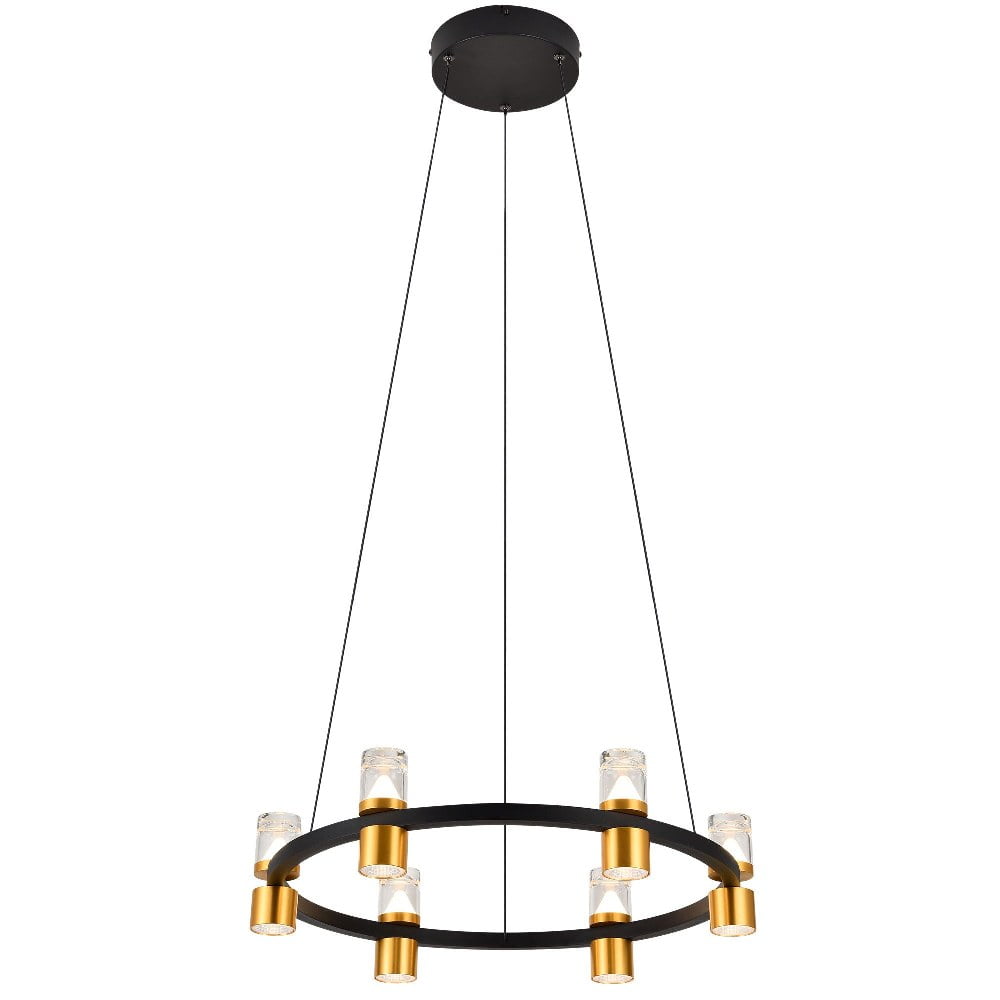 Black and Gold Adjustable LED Ring Chandelier with Crystal Shades