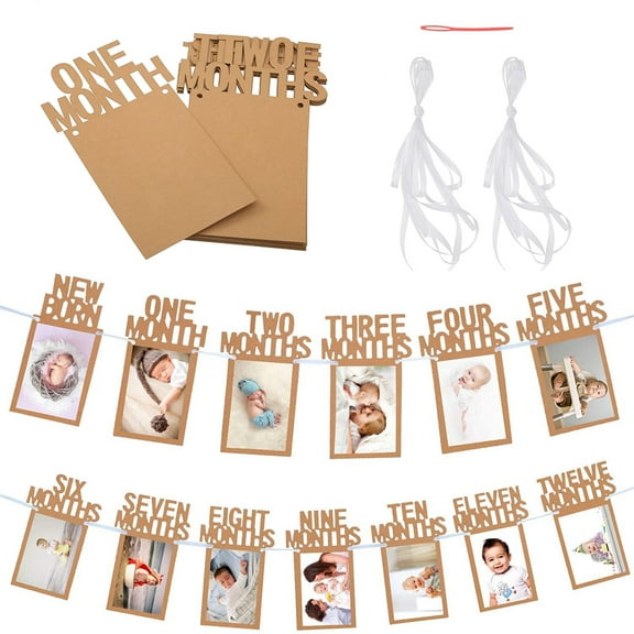 VONTER 1st Birthday Baby Photo Banner for Newborn to 12 Months, Monthly Milestone Photograph Bunting Garland, First Birthday Celebration Decoration (Kraft)