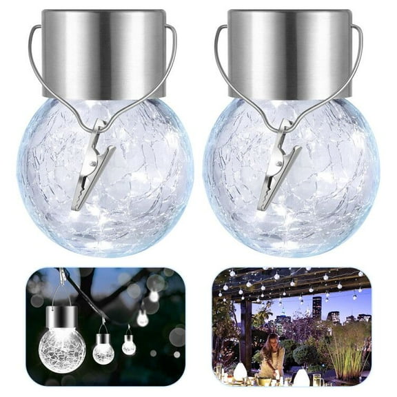 VONTER 2 Pack Hanging Solar Lights Outdoor, Solar Powered Cracked Glass Ball Light, Decorative Globe Light Outdoor Waterproof with Handle for Garden, Yard, Patio, Tree, Holiday Decoration, White