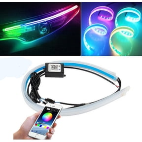 VONTER 2PC 24 Inch APP Bluetooth control RGB LED Headlight Strip Tube, Waterproof Flexible Adhesive Daytime Running Lights DRL Switchback Glow Light Strip Headlight Decorative Lamp for Car
