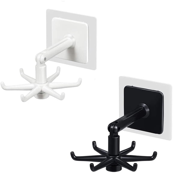 VONTER 2PCS 360° Rotating Folding Hook,Self-Adhesive 180°Vertical Flip Waterproof Utility Hook for Home Kitchen Bathroom Towel Office Sticky Wall Hook, Damage-Free No Drilling (White + Black)