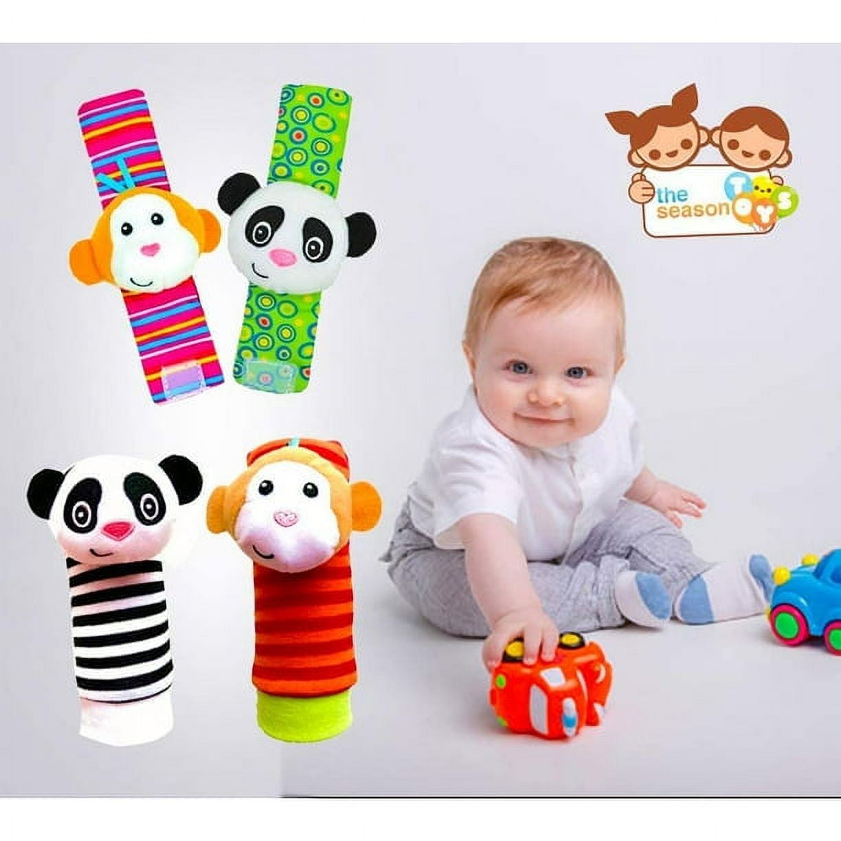 VONTER 4 Pcs Foot Finder Socks & Wrist Rattles Newborn Toys for Baby