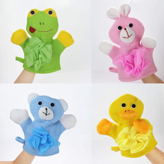 VONTER 4 Pieces Animal Bath Sponge Cute Shower Sponge Colorful Cartoon Body Scrubber Balls Animal Pouf Loofahs Mesh with 4 Pieces Transparent Adhesive Hooks for Kids Adults Gift