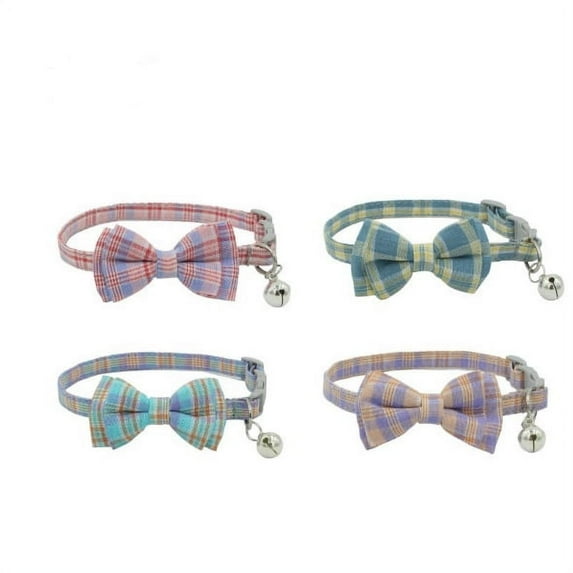 VONTER 4 Pieces Plaid Cat Collar with Bow Tie and Bell Adjustable Kitty Quick Release Collars and for Cat Kitten Puppy Small Pet