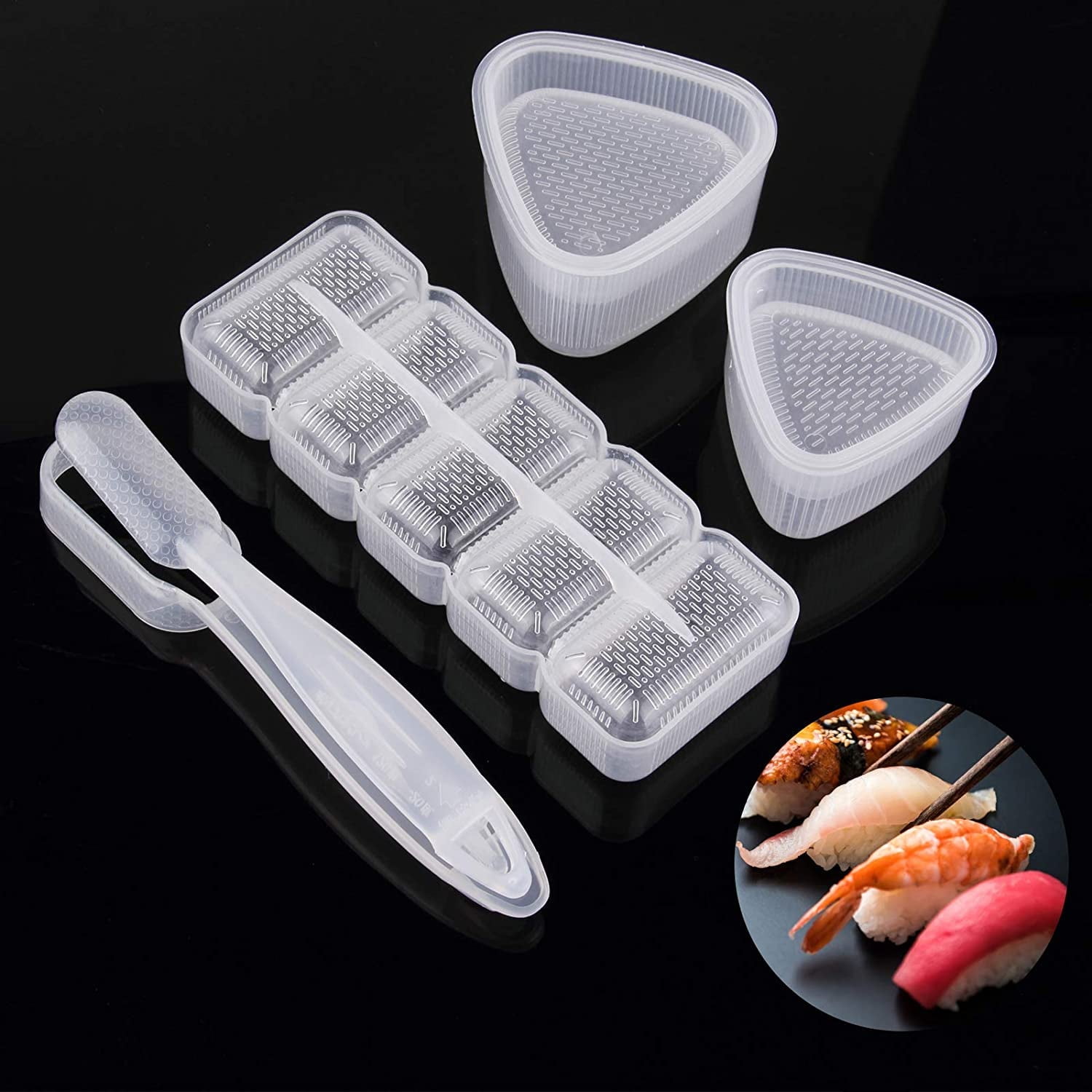 VONTER 4 Pieces Sushi Maker Mold Plastic Rice Ball 5 Rolls Maker Mold Triangle Shape Sushi Press Mold Long Handle Sushi Mold White