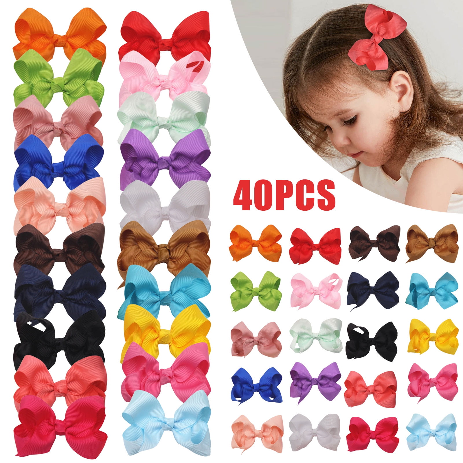 VONTER 40pcs Hair Bows Clips,3.5" Grosgrain Ribbon Boutique Hair Bow Alligator Clips Hair Accessories for Little Girls Girls Teens Toddlers Kids (20 Colors in Pairs)