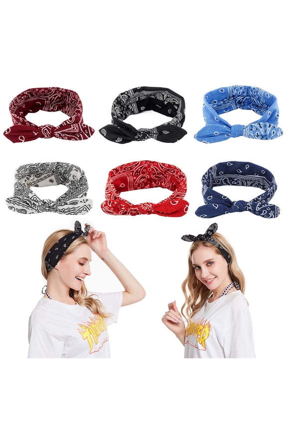 6 Pack Boho Bow Headbands for Women Vintage Paisley Bandana Flower Printed Hairband Elastic Rabbit ear Head Wrap Cute Hair Accessories Tie Headband for Women and Girls