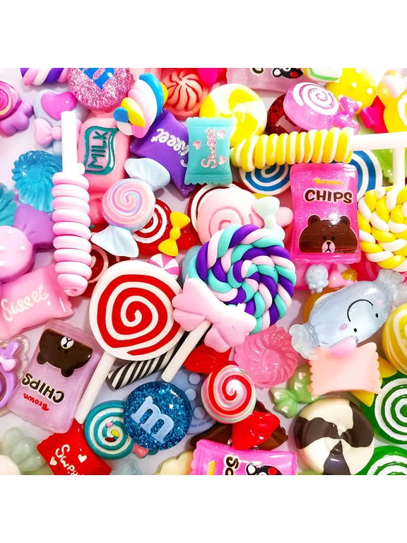 60Pieces of Slime Charm Cute Set Resin Charm Mixed Assorted Candies Candy Resin Flat Back Slime Beads Making Supplies for DIY Craft Making and Decoration Scrapbook