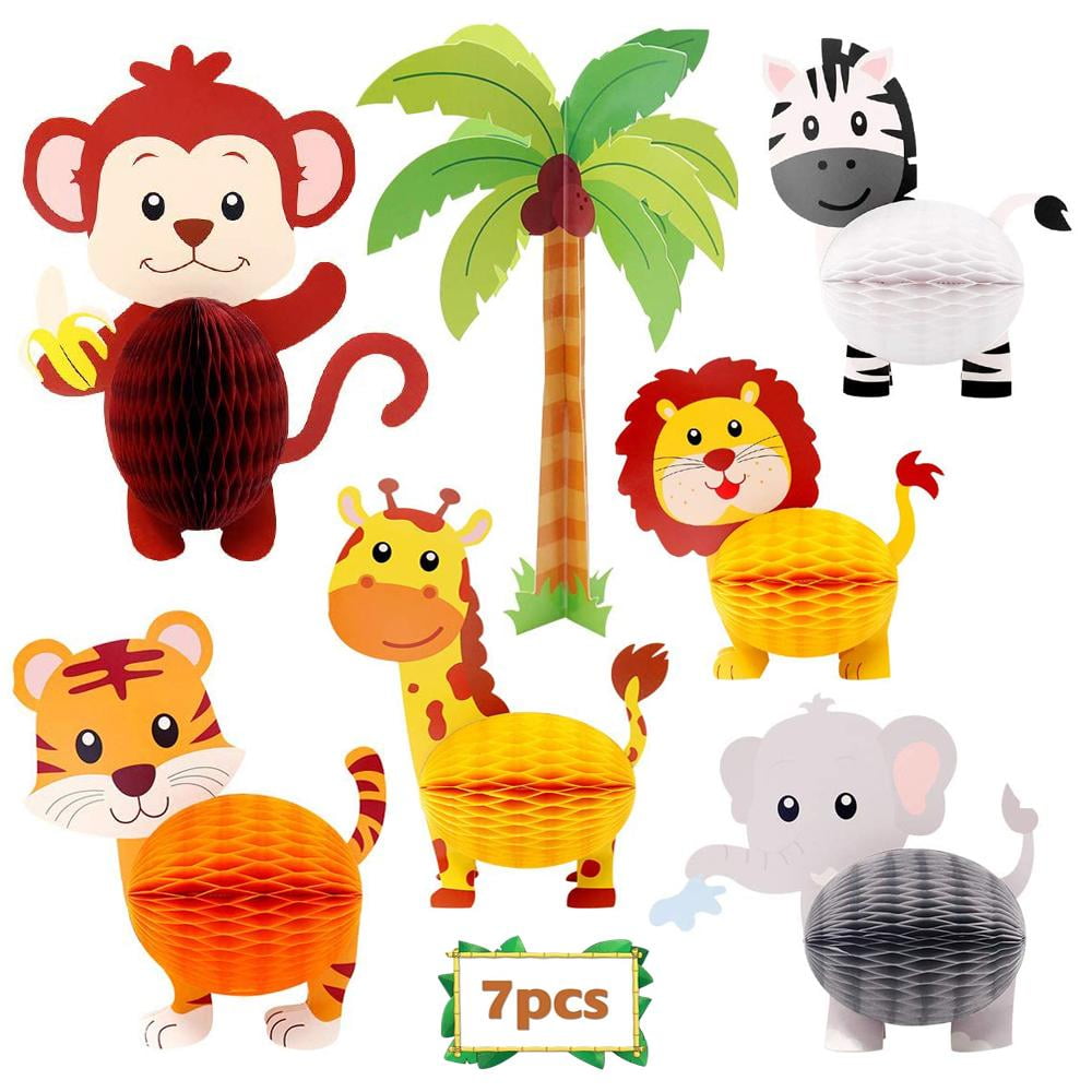 VONTER 7PCS Jungle Animal Honeycomb Centerpieces 3D Table Decorations Safari Creatures Party Favors For Baby Shower, Birthday, Themed Party Decoration Wild One Camping Party Supplies
