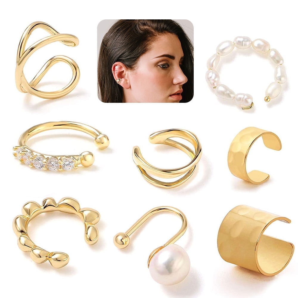 VONTER 8 Pcs Ear for Non-Pierced Ears Gold Ear Earrings for Women Cartilage Hoop Clip On Hypoallergenic Huggie Earrings Nose Ring Jewelry Gifts