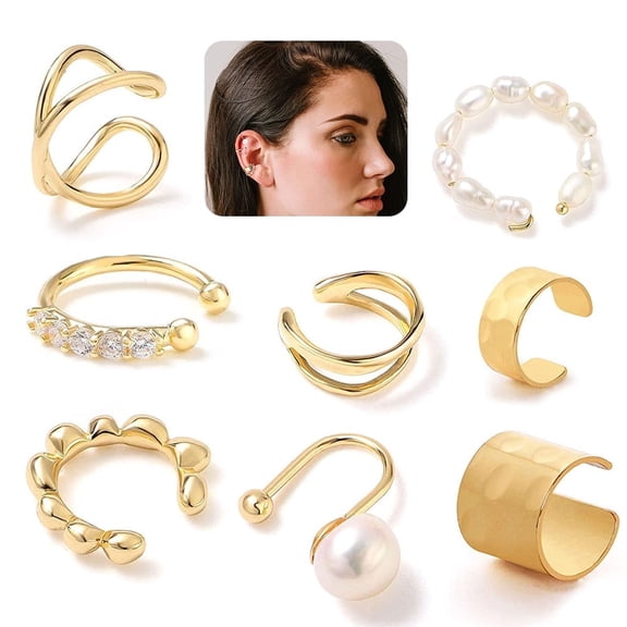 VONTER 8 Pcs Ear Cuffs for Non-Pierced Ears Gold Ear Cuff Earrings for Women Cartilage Hoop Clip On Hypoallergenic Huggie Earrings Fake Nose Ring Jewelry Gifts