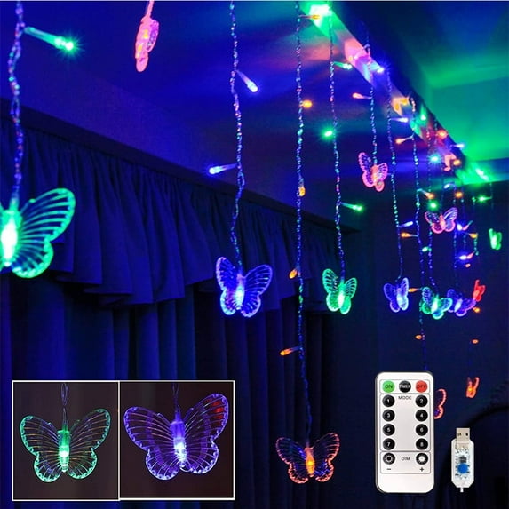VONTER Butterfly Curtain Fairy Lights USB Plug in,8 Modes 120 LED 14.7FT Firefly Twinkle Timer String Lights with Remote,Waterproof Copper Wire for Bedroom Patio Christmas Wedding Party(Multicolor)