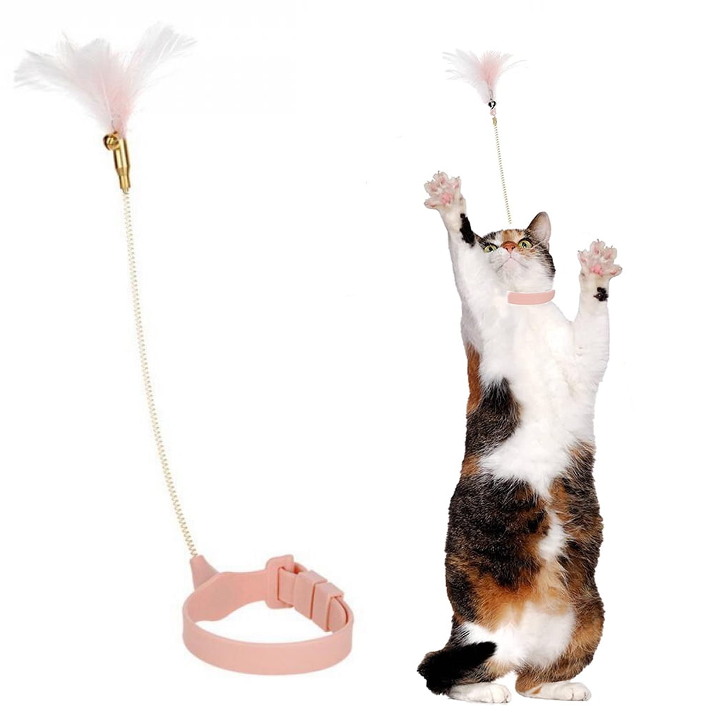 VONTER Cat Feather Collar Toys, Creative Cat Interactive Feather Toy Funny Automatic Teaser Feather Kitten Toys Replaceable Artificial Pet Supplies Funny cat Stick，Cat Interactive Toy - Pink