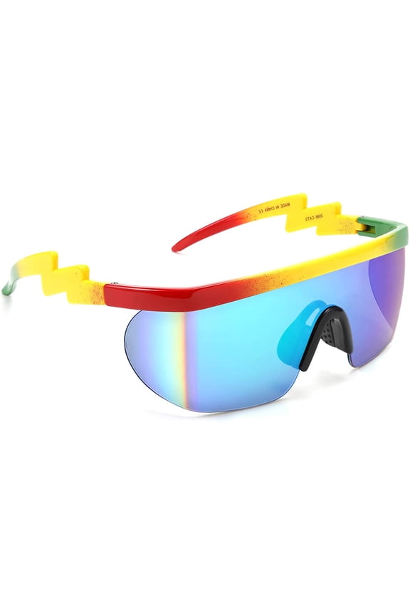 Classic Flat Top Shield ZigZag Sunglasses Siamese Goggles Rainbow Mirrored Lenses B2602 - Rainbow Color
