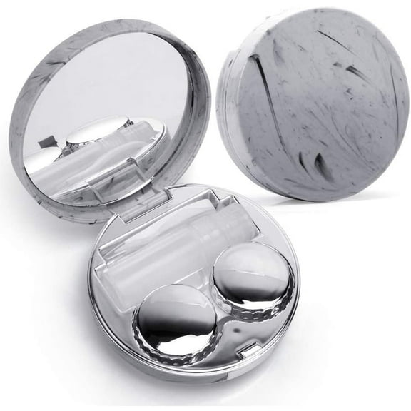 VONTER Contact Lense Case Kit, Fashion Marble Contact Lens Case Portable Contact Lens Box Kit with Mirro 2 Colors Soaking Lenses Case with Mirror Plastic Marble Pattern Eye Care Kit - Silver-Round