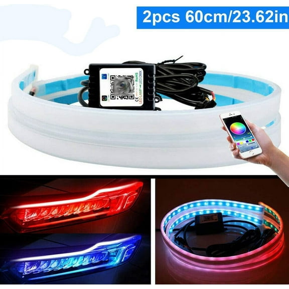 VONTER DRL Sequential Turn Signal Led Light Strip 2 Pcs 24 Inch APP Bluetooth control RGB LED Headlight Surface Strip Tube Light Daytime Running Light Waterproof Switchback Sequential Lamp
