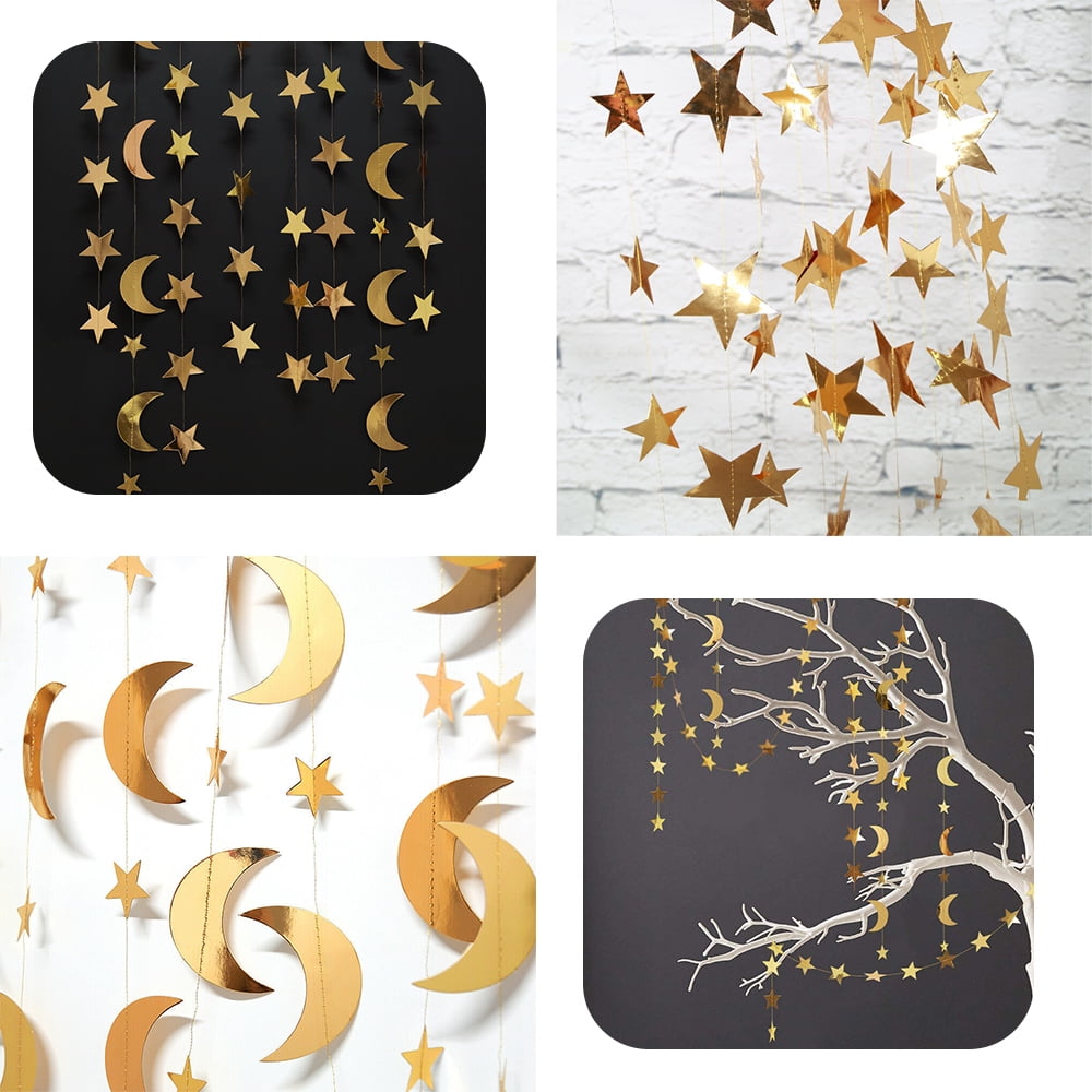 VONTER Gold Glitter Star Garland Star Moon Hanging Banner Hanging Moon Star Garland Banner Star Paper Garland Decor for Party Baby Shower/Wedding//Kids Room/Nursery/Ramadan EID/Graduation Decor